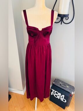 Astr The Label Pleated Bustier Midi Satin Dress, Burgundy, Size Small, NEW